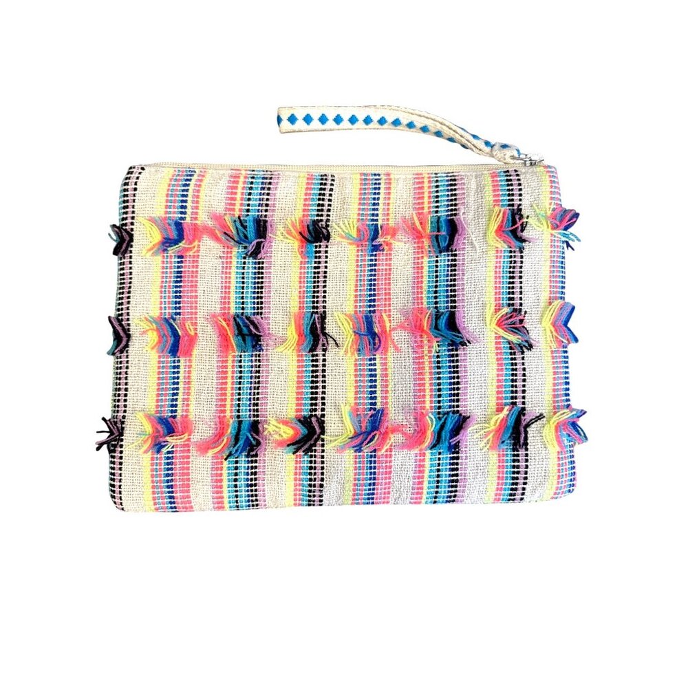 America & Beyond Boho Weekender Tote Bag Pouch Set Pom Tassel Stripe Beaded - Picture 8 of 16